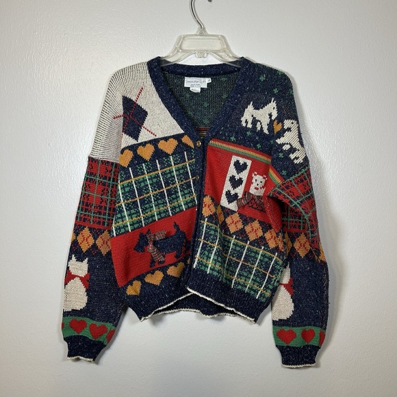 Sweater Loft Sweaters - Vintage Sweater Loft Cardigan Sweater Large Scottie Westie Hearts Cottagecore